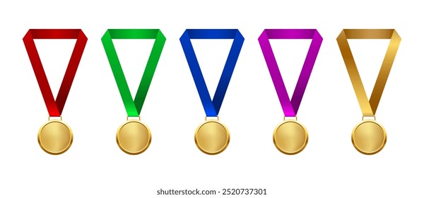 Gold medal with different color ribbons for first place. Realistic vector illustration set. Realistic isolated gold medals with red, yellow, blue, green, purple ribbons for champions ceremony.