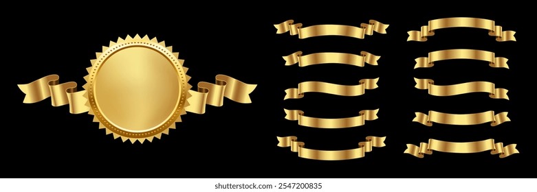 Gold medal with different horizontal ribbons. 3d realistic golden award vector set isolated on black background. Design elements for labels, certificates, badges, winners, sales, discounts, diplomas.