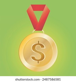 Medalla de oro con símbolo de dólar. Medalla de oro con cinta roja. Ilustración vectorial