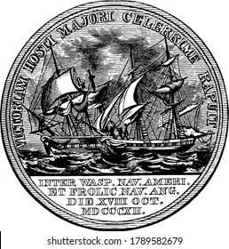 Medalla de oro grabada con escritos e imagen de piratas y personas, otorgada a un oficial, el Comodoro Jacob Jones, en la Armada de los Estados Unidos, dibujo vintage o ilustración grabadora.