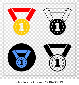 Gold medal EPS vector pictogram with contour, black and colored versions. Illustration style is flat iconic symbol on chess transparent background.