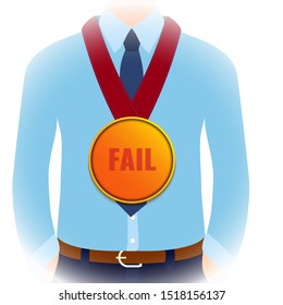 Gold medal fail award for the worst performance in business. Startup failure, loss of profit and bankruptcy concept. Trophy for poor management. Cartoon vector illustration.