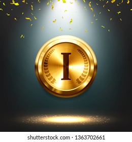 Gold medal with falling confetti illuminated by spotlights. Metallic winner award. Vector illustration.