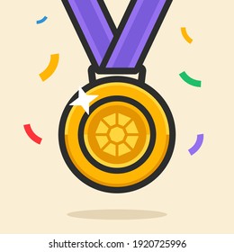 Medalla de Oro con un ícono de rubí con una cinta de púrpura. Ilustración de dibujos animados.