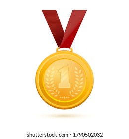 Gold medal for first place. Golden 1st Place Badge. Gold medal with the image of the number 1 and an olive branch. Vector illustration