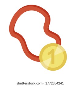 Gold medal first place with red ribbon. Flat vector illustration of victory for logo and icon.