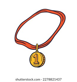 Gold medal for first place. Reward and victory in sports. Winner of competition. Outline cartoon illustration