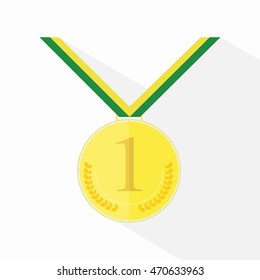 Gold medal for first place and ribbon in green and yellow colors. Vector illustration