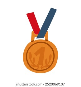 Uma medalha de ouro para o primeiro lugar, uma medalha de metal redondo suspensa de uma fita azul e vermelha. Design gráfico plano vetorial, ilustração isolada. Azul, amarelo, vermelho. Distribuição dos ganhos por lugares