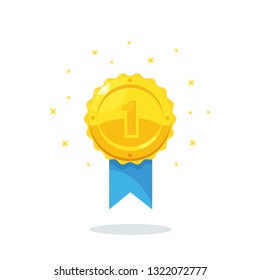 Gold medal for first place. Trophy, award, prize for winner isolated on blue background. Golden badge with ribbon. Achievement, victory, success. Vector cartoon illustration Flat design