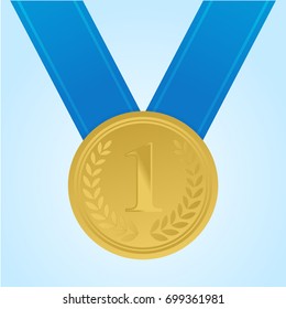 Gold medal for first place. Trophy, winner award. Golden badge. Achievement, victory concept. Vector illustration. Blue ribbon