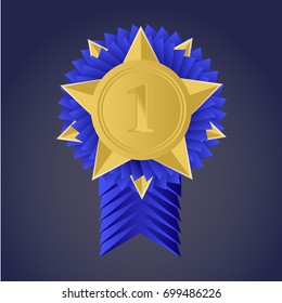 Gold medal for first place. Trophy, winner award. Golden badge. Achievement, victory concept. Vector illustration. 