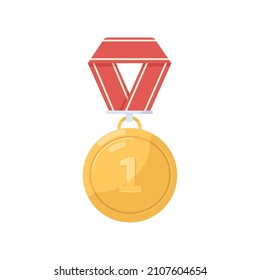 Gold medal for first place. Winners award with number one 1. 1st round medallion badge with ribbon mesh. Champions reward. Realistic flat graphic vector illustration isolated on white background