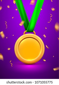 Gold medal for first winner prize. Gold metal award symbol. Medal gold vector icon.