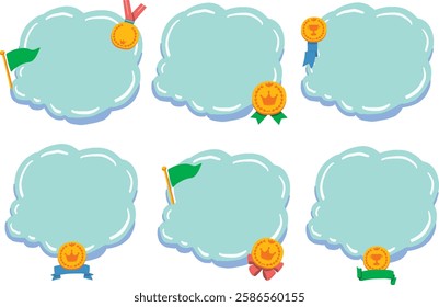 Gold medal and flag cloud-shaped frame illustration set
