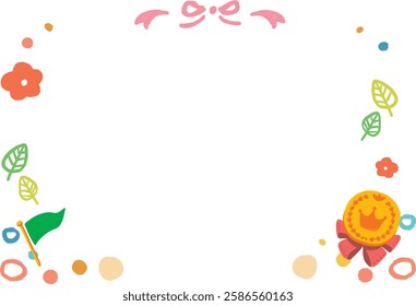 Gold medal, flag and flower spring frame illustration set
