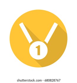Gold medal flat design long shadow glyph icon. 1st place medal. Vector silhouette illustration
