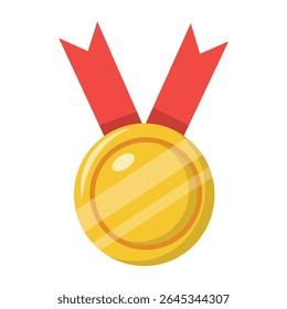 Gold medal flat design vector illustration with red ribbon. Symbol of achievement, victory, and success. Perfect for education, competition, or sports related designs.