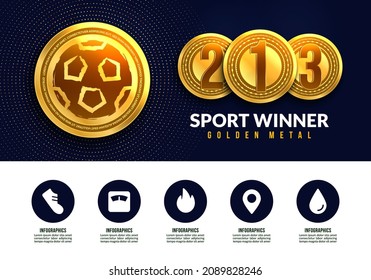 Gold medal of footballl for winner with infographic icons, Sport winning medals for first second and third place banner