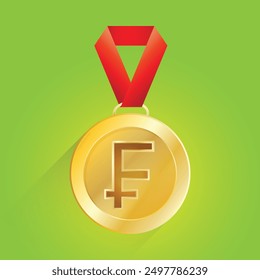 Gold medal with franc symbol on it. Gold medal with red ribbon on gradient background. Vector illustration