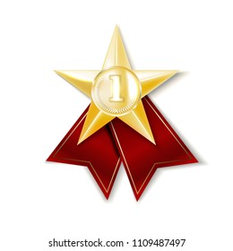 Gold Medal . Golden 1st Place Badge. Sport Game Golden Challenge Award. Red Ribbon.