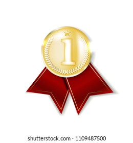 Gold Medal . Golden 1st Place Badge. Sport Game Golden Challenge Award. Red Ribbon.
