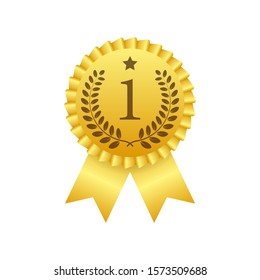 Gold Medal. Golden 1st Place Badge. Award Ribbon. Vector Stock Illustration.