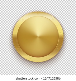 Gold medal. Golden empty coin. Metal circle isolated on transparent background. Template realistic vector illustration. High quality 3d button. Premium first place winner blank. 