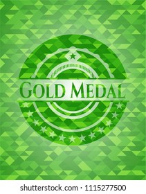 Gold Medal green emblem. Mosaic background