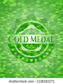 Gold Medal green emblem. Mosaic background