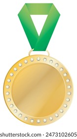 Gold medal with green ribbon. Gold medal encrusted with diamonds. Vector image