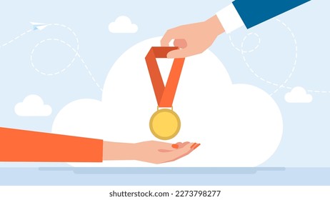 Gold medal in hand. Awarding a prize to the winner of the competition. Winner and medalist. The woman receives an award. Hand holding golden medal champion prize winner reward. Vector illustration