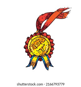 gold medal hand drawn vector. ribbon red, sport award, trophy winner gold medal sketch. isolated color illustration