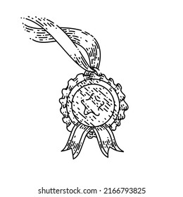 vector dibujado a mano de medalla de oro. listón rojo, premio deportivo, boceto de medalla de oro ganador de trofeo. ilustración negra aislada
