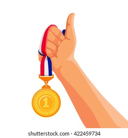 Gold medal in hand. Vector illustration on white background. Winner and medalist. The sign Like hand.