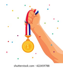 Gold medal in hand. Vector illustration on a white background with confetti. Winner and medalist.