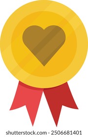 Gold medal with heart shape on it. Medal with red ribbon on transparent background