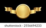 Gold medal with horizontal ribbon vector illustration. 3d realistic golden award isolated on black background. Design element for labels, certificates, badges, winners, sales, discounts, diplomas.