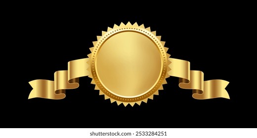 Gold medal with horizontal ribbon vector illustration. 3d realistic golden award isolated on black background. Design element for labels, certificates, badges, winners, sales, discounts, diplomas.