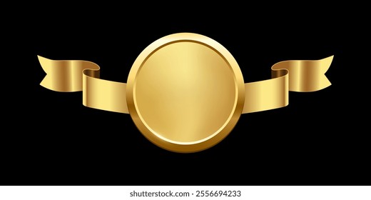 Gold medal with horizontal ribbon vector illustration. 3d realistic golden award isolated on black background. Design element for labels, certificates, badges, winners, sales, discounts, diplomas.