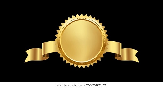 Gold medal with horizontal ribbon vector illustration. 3d realistic golden award isolated on black background. Design element for labels, certificates, badges, winners, sales, discounts, diplomas.