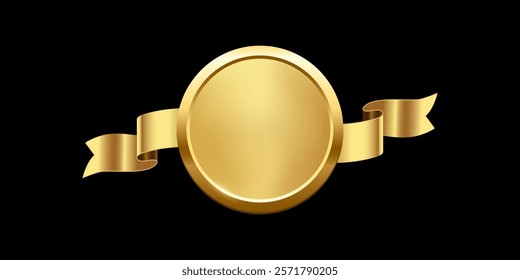 Gold medal with horizontal ribbon vector illustration. 3d realistic golden award isolated on black background. Design element for labels, certificates, badges, winners, sales, discounts, diplomas.