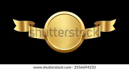 Gold medal with horizontal ribbon vector illustration. 3d realistic golden award isolated on black background. Design element for labels, certificates, badges, winners, sales, discounts, diplomas.