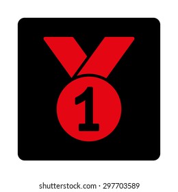Gold medal icon from Award Buttons OverColor Set. Icon style is intensive red and black colors, flat rounded square button, white background.