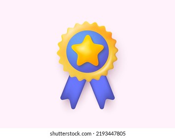 Gold Medal Icon With Blue Ribbon. Winner Concept. 3D Web Vector Illustrations.