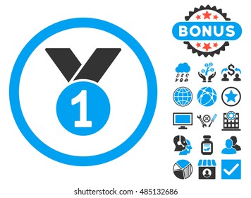 Gold Medal icon with bonus images. Vector illustration style is flat iconic bicolor symbols, blue and gray colors, white background.