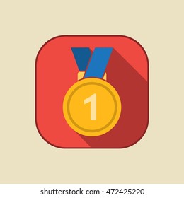 Gold medal icon with first place sign. Medal with ribbon. Award for winner and champion. Vector isolated object.