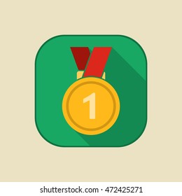 Gold medal icon with first place sign. Medal with ribbon. Award for winner and champion. Vector isolated object.