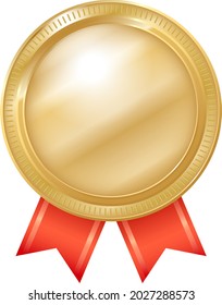 Gold medal icon illustration. Red ribbon and gold medal.