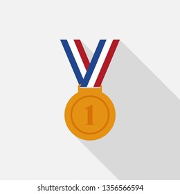 Gold medal icon with long shadow on gray background, flat design style